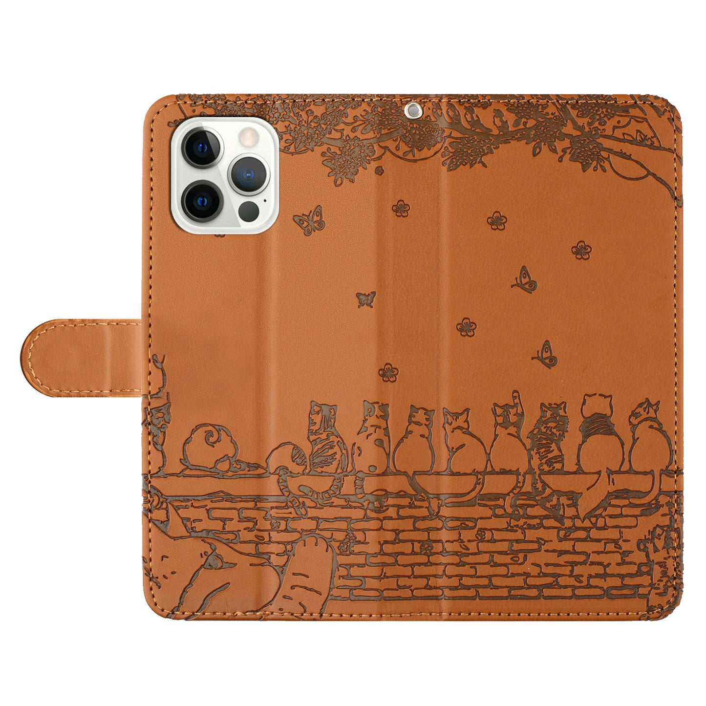 Wall Cats Imprinted PU Leather Case for iPhone 15 Pro , Stand Wallet Phone Cover with Strap - Brown