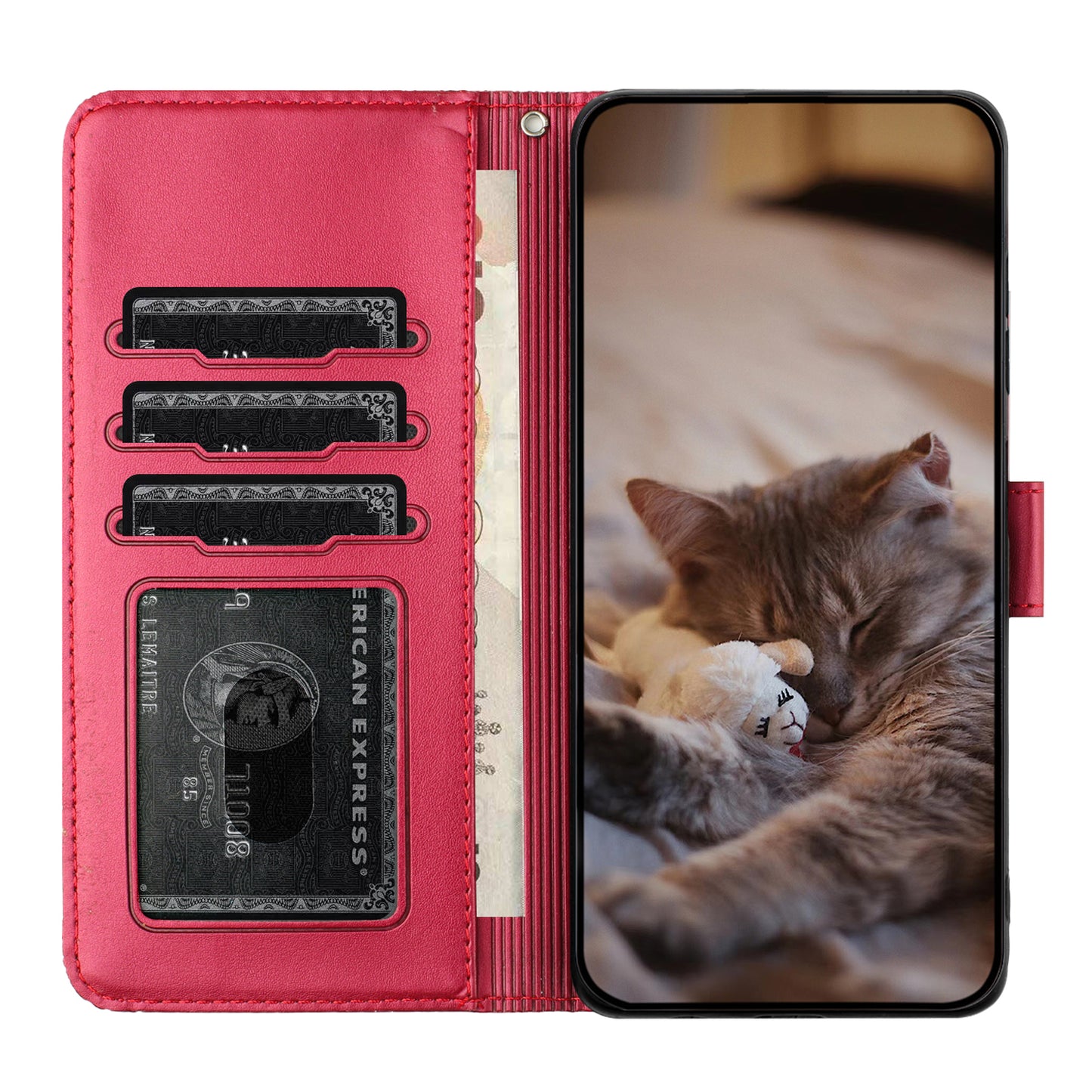 Wall Cats Imprinted PU Leather Case for iPhone 15 Pro , Stand Wallet Phone Cover with Strap - Red