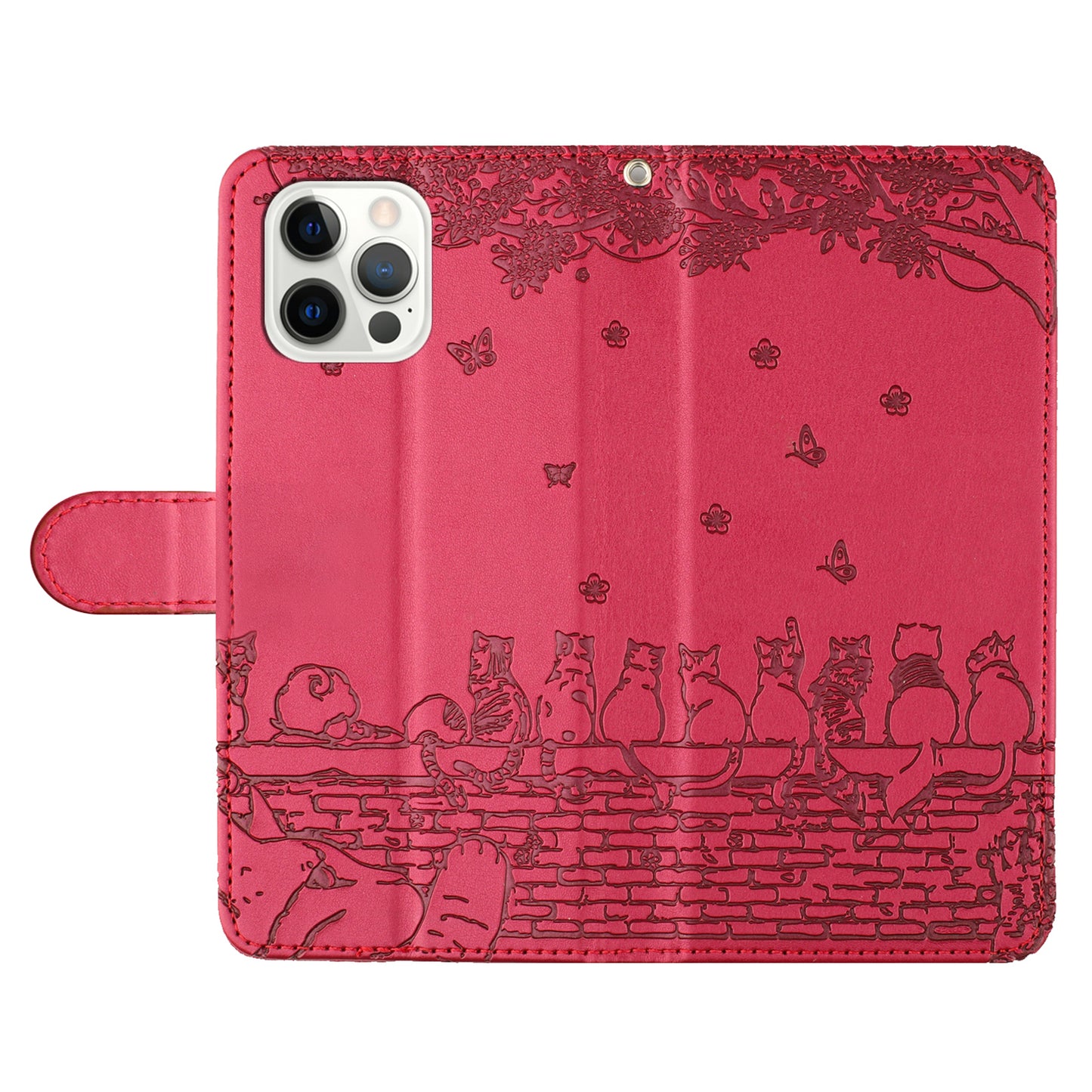 Wall Cats Imprinted PU Leather Case for iPhone 15 Pro , Stand Wallet Phone Cover with Strap - Red