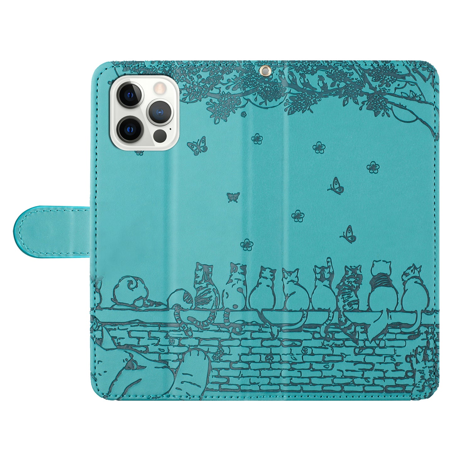 Wall Cats Imprinted PU Leather Case for iPhone 15 Pro , Stand Wallet Phone Cover with Strap - Blue