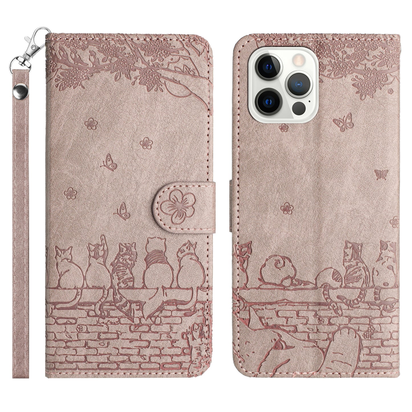 Wall Cats Imprinted PU Leather Case for iPhone 15 Pro , Stand Wallet Phone Cover with Strap - Smoky Purple