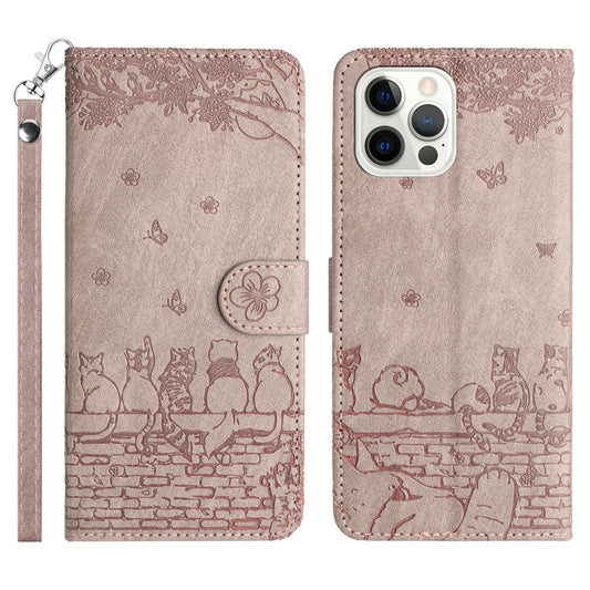 Wall Cats Imprinted PU Leather Case for iPhone 15 Pro , Stand Wallet Phone Cover with Strap - Smoky Purple