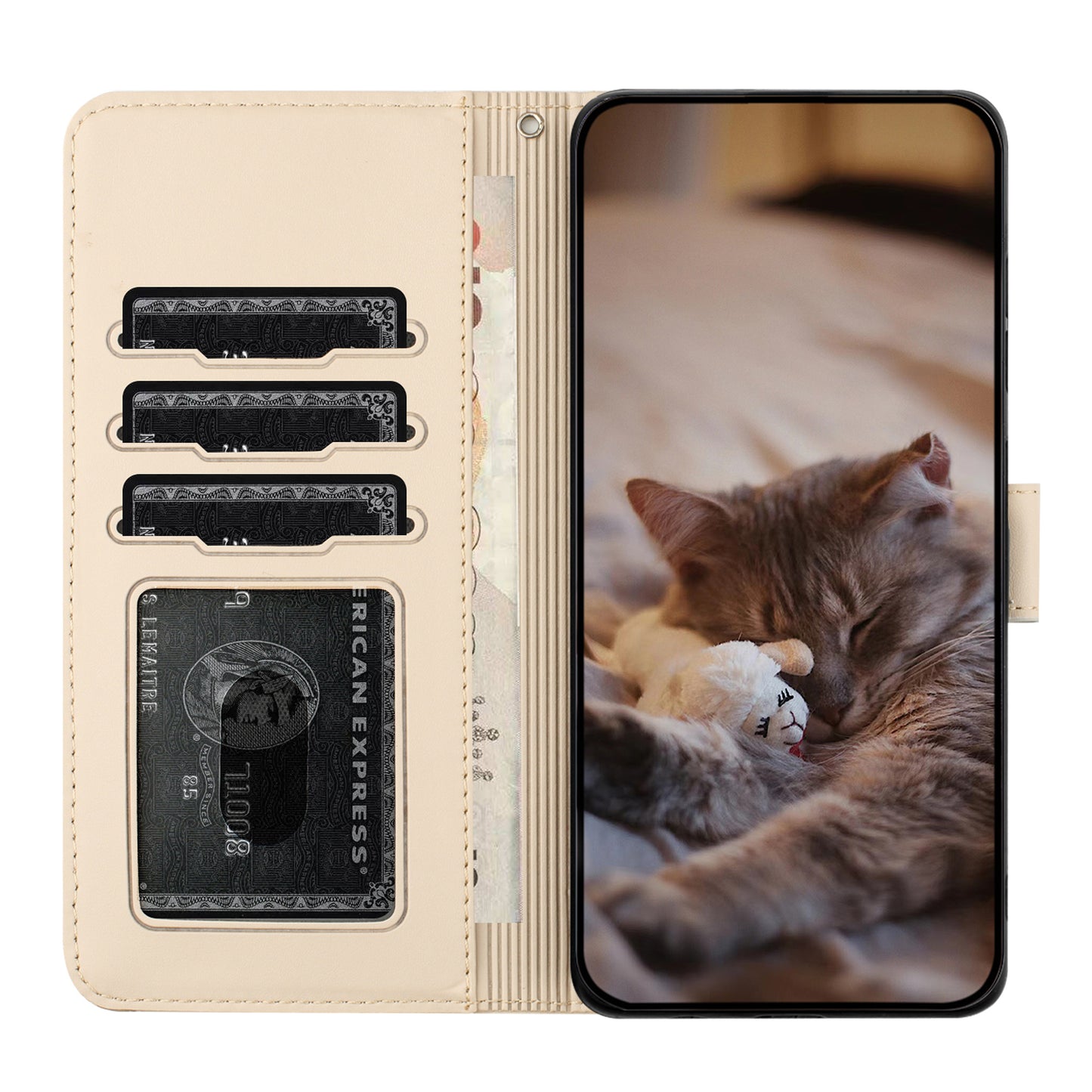 Wall Cats Imprinted PU Leather Case for iPhone 15 Pro , Stand Wallet Phone Cover with Strap - Apricot