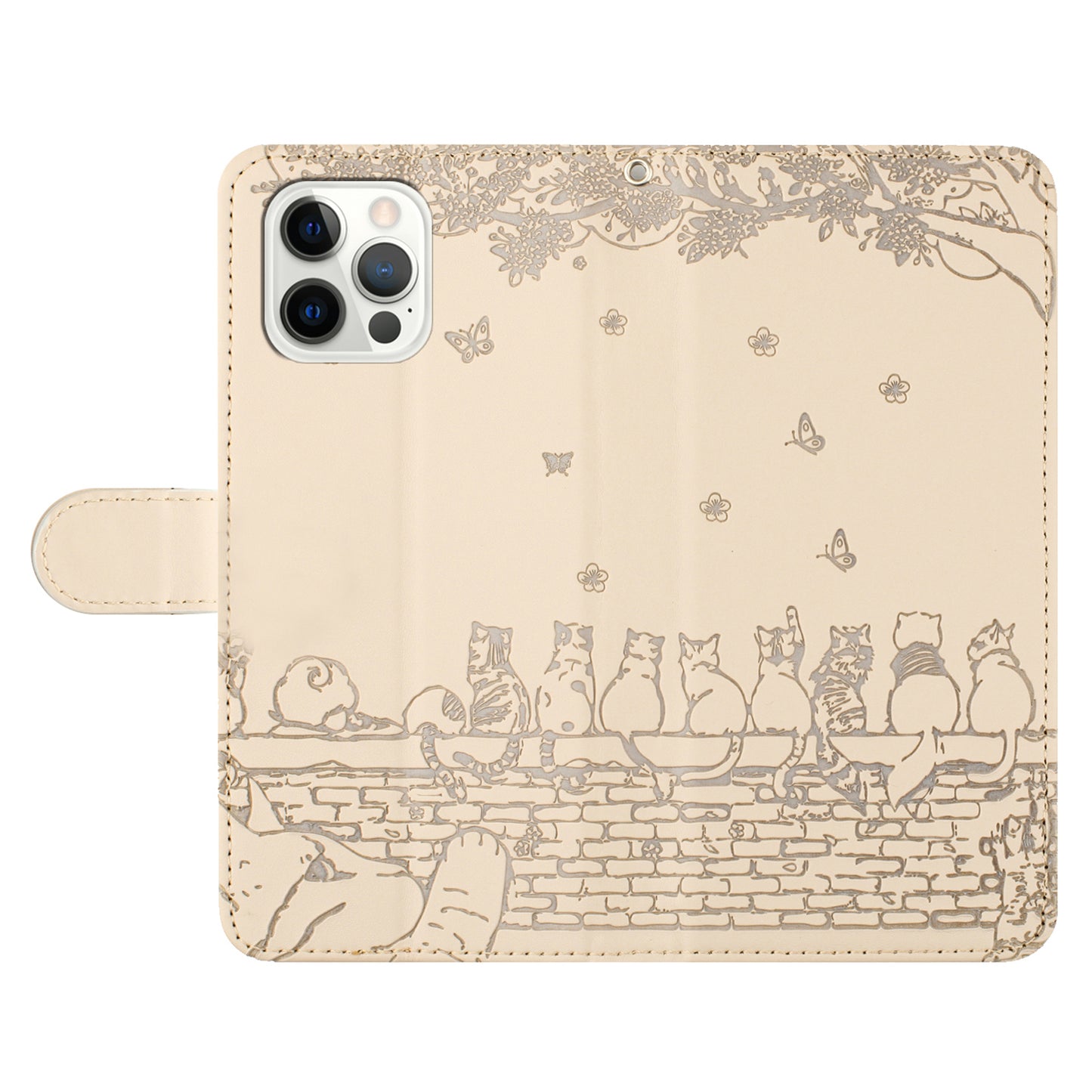 Wall Cats Imprinted PU Leather Case for iPhone 15 Pro , Stand Wallet Phone Cover with Strap - Apricot