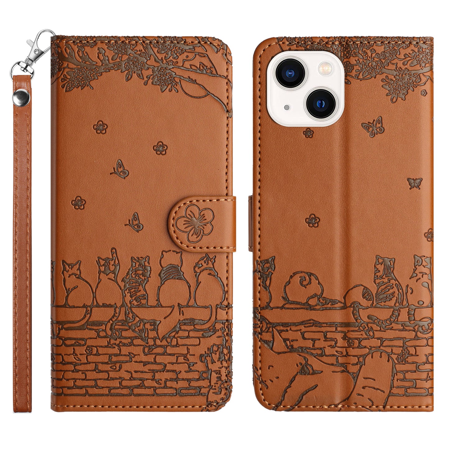 Wall Cats Imprinted Phone Cover for iPhone 15 , Stand Wallet Anti-drop Leather Case with Strap - Brown