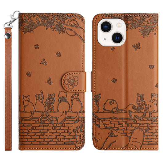 Wall Cats Imprinted Phone Cover for iPhone 15 , Stand Wallet Anti-drop Leather Case with Strap - Brown