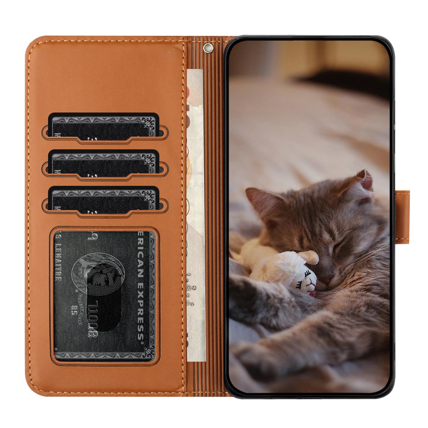 Wall Cats Imprinted Phone Cover for iPhone 15 , Stand Wallet Anti-drop Leather Case with Strap - Brown