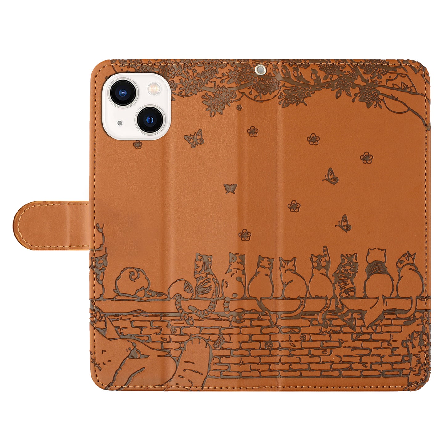 Wall Cats Imprinted Phone Cover for iPhone 15 , Stand Wallet Anti-drop Leather Case with Strap - Brown