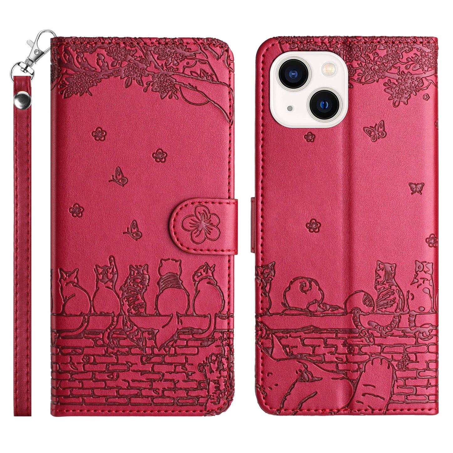 Wall Cats Imprinted Phone Cover for iPhone 15 , Stand Wallet Anti-drop Leather Case with Strap - Red