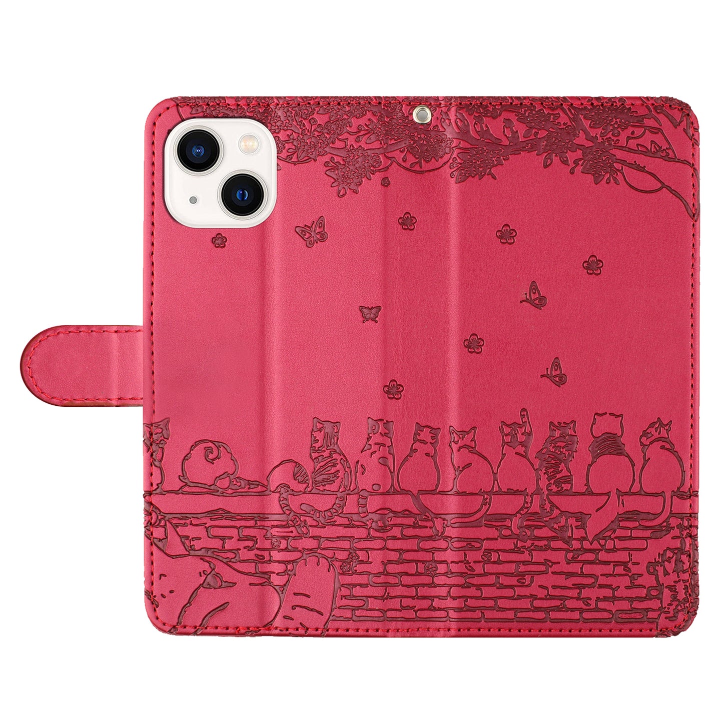 Wall Cats Imprinted Phone Cover for iPhone 15 , Stand Wallet Anti-drop Leather Case with Strap - Red