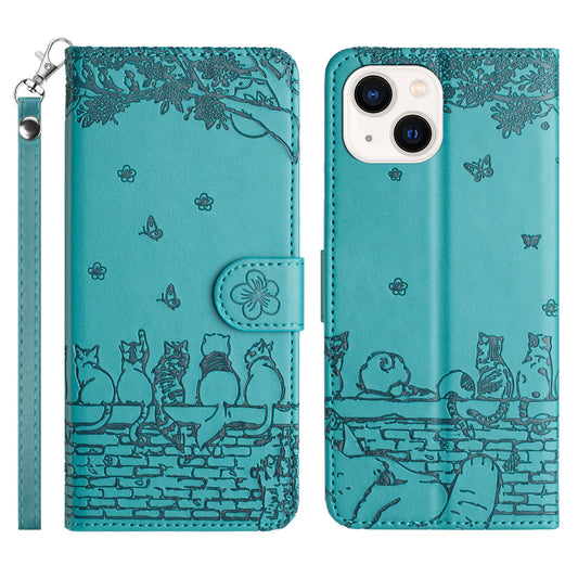 Wall Cats Imprinted Phone Cover for iPhone 15 , Stand Wallet Anti-drop Leather Case with Strap - Blue
