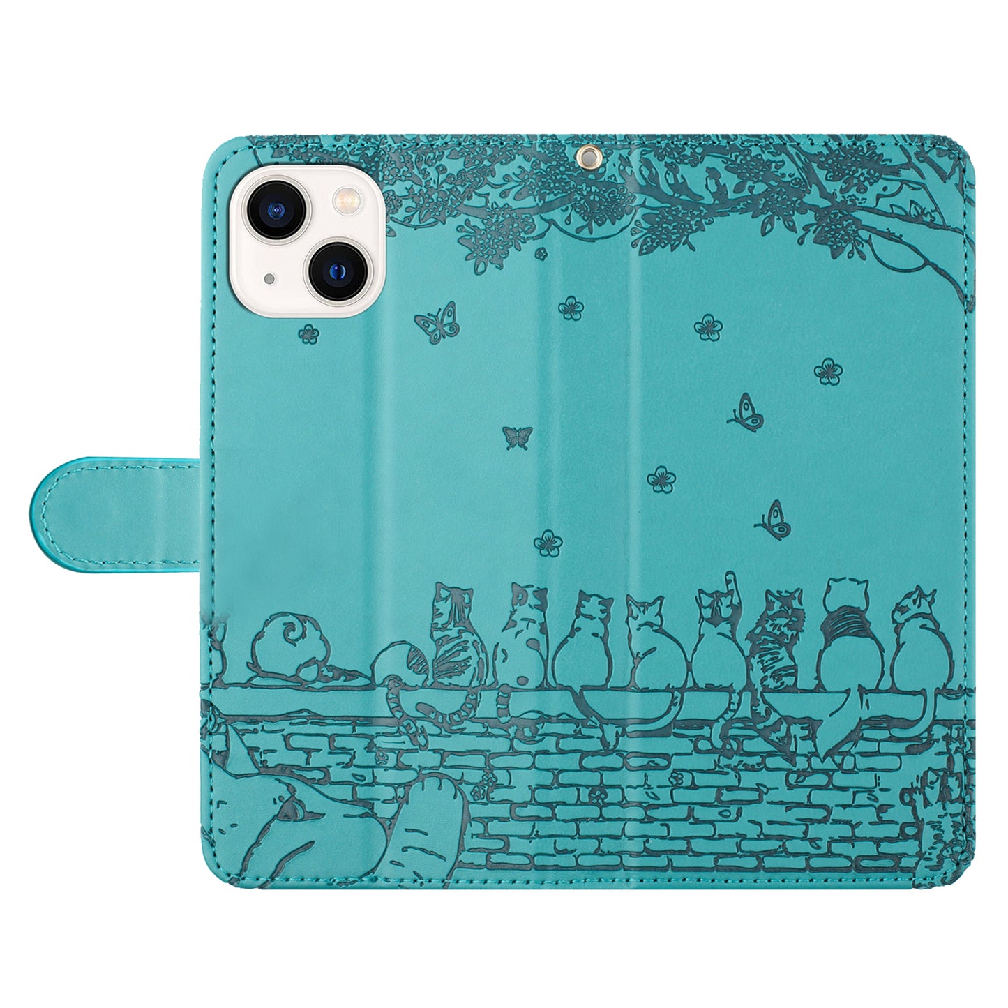 Wall Cats Imprinted Phone Cover for iPhone 15 , Stand Wallet Anti-drop Leather Case with Strap - Blue