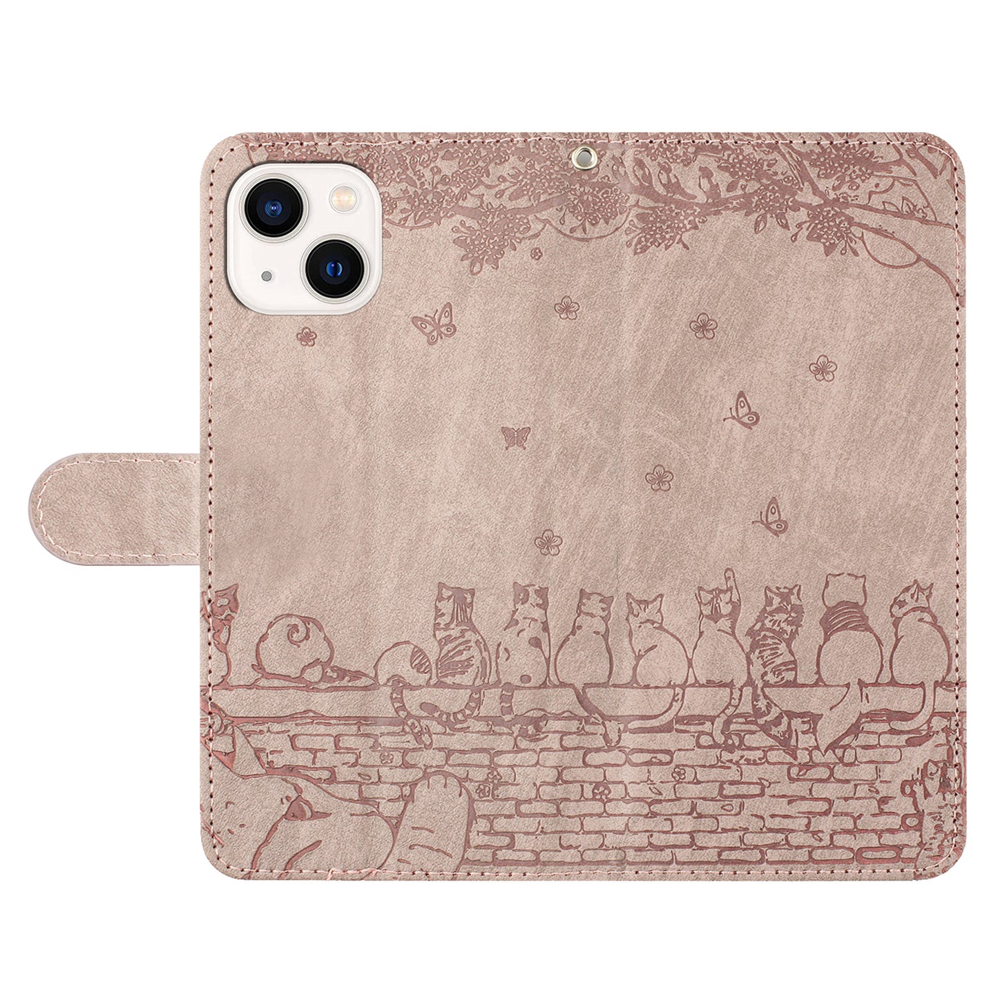 Wall Cats Imprinted Phone Cover for iPhone 15 , Stand Wallet Anti-drop Leather Case with Strap - Smoky Purple