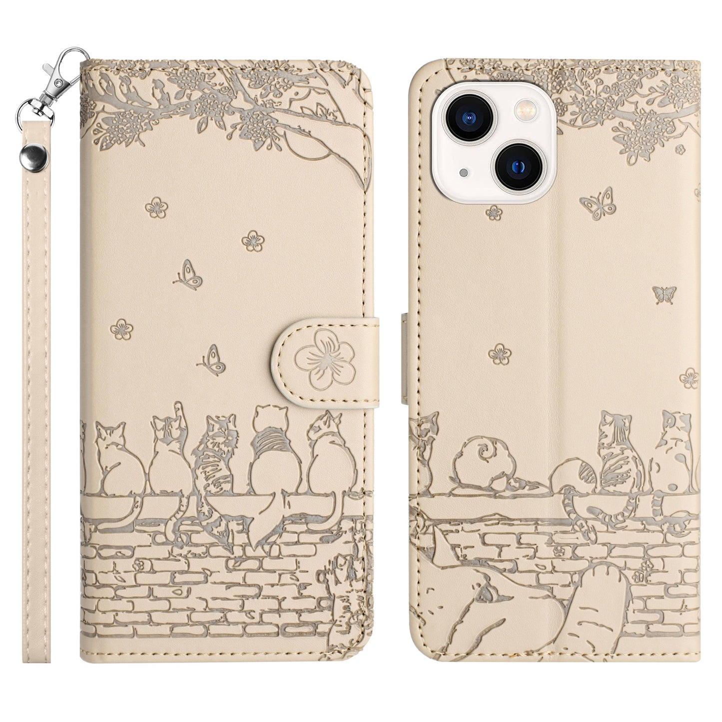 Wall Cats Imprinted Phone Cover for iPhone 15 , Stand Wallet Anti-drop Leather Case with Strap - Apricot