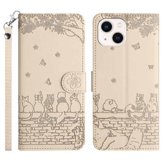 Wall Cats Imprinted Phone Cover for iPhone 15 , Stand Wallet Anti-drop Leather Case with Strap - Apricot