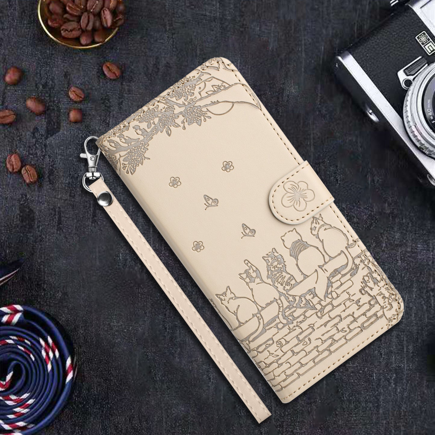 Wall Cats Imprinted Phone Cover for iPhone 15 , Stand Wallet Anti-drop Leather Case with Strap - Apricot