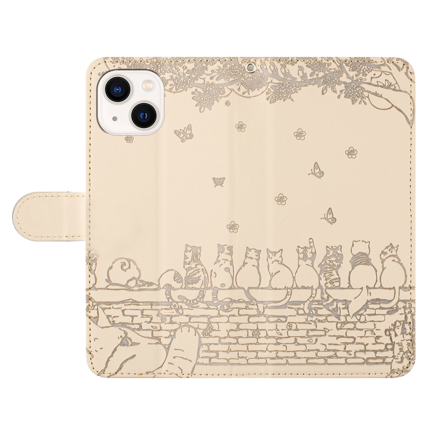 Wall Cats Imprinted Phone Cover for iPhone 15 , Stand Wallet Anti-drop Leather Case with Strap - Apricot