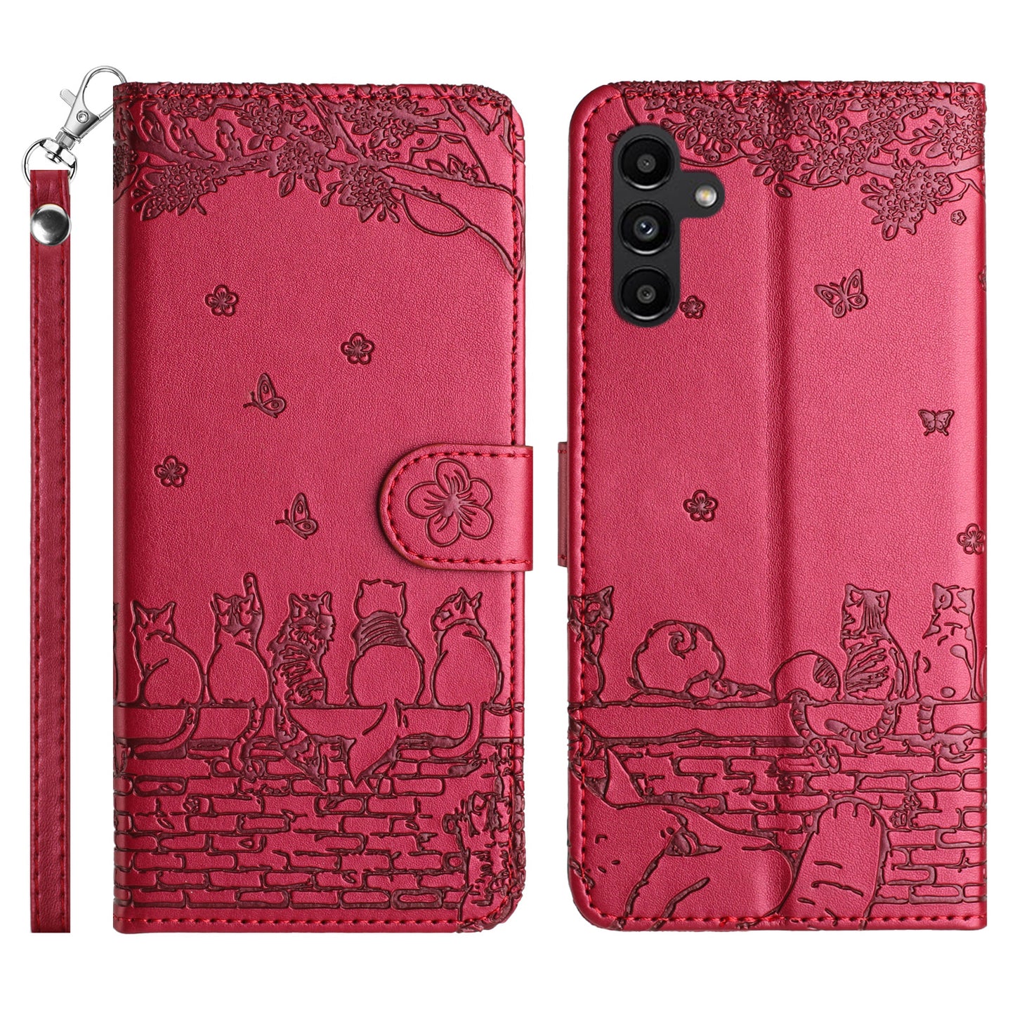 Stand Wallet PU Leather Cover for Samsung Galaxy A34 5G , Wall Cats Imprinted Phone Case with Strap - Red
