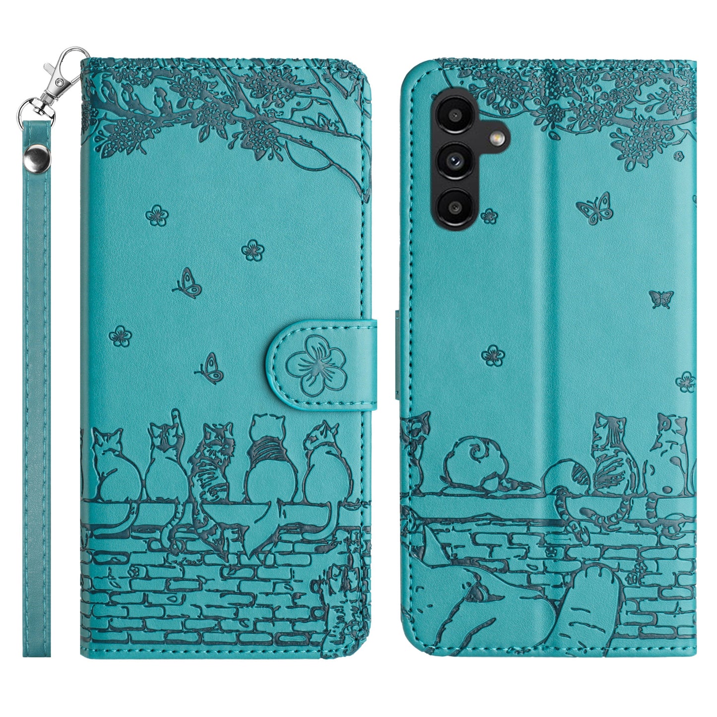Stand Wallet PU Leather Cover for Samsung Galaxy A34 5G , Wall Cats Imprinted Phone Case with Strap - Blue