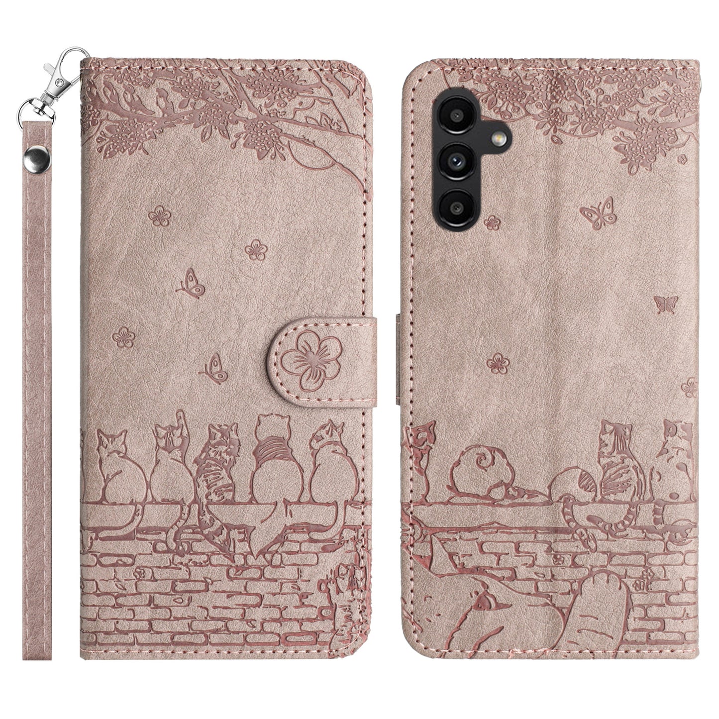 Stand Wallet PU Leather Cover for Samsung Galaxy A34 5G , Wall Cats Imprinted Phone Case with Strap - Smoky Purple