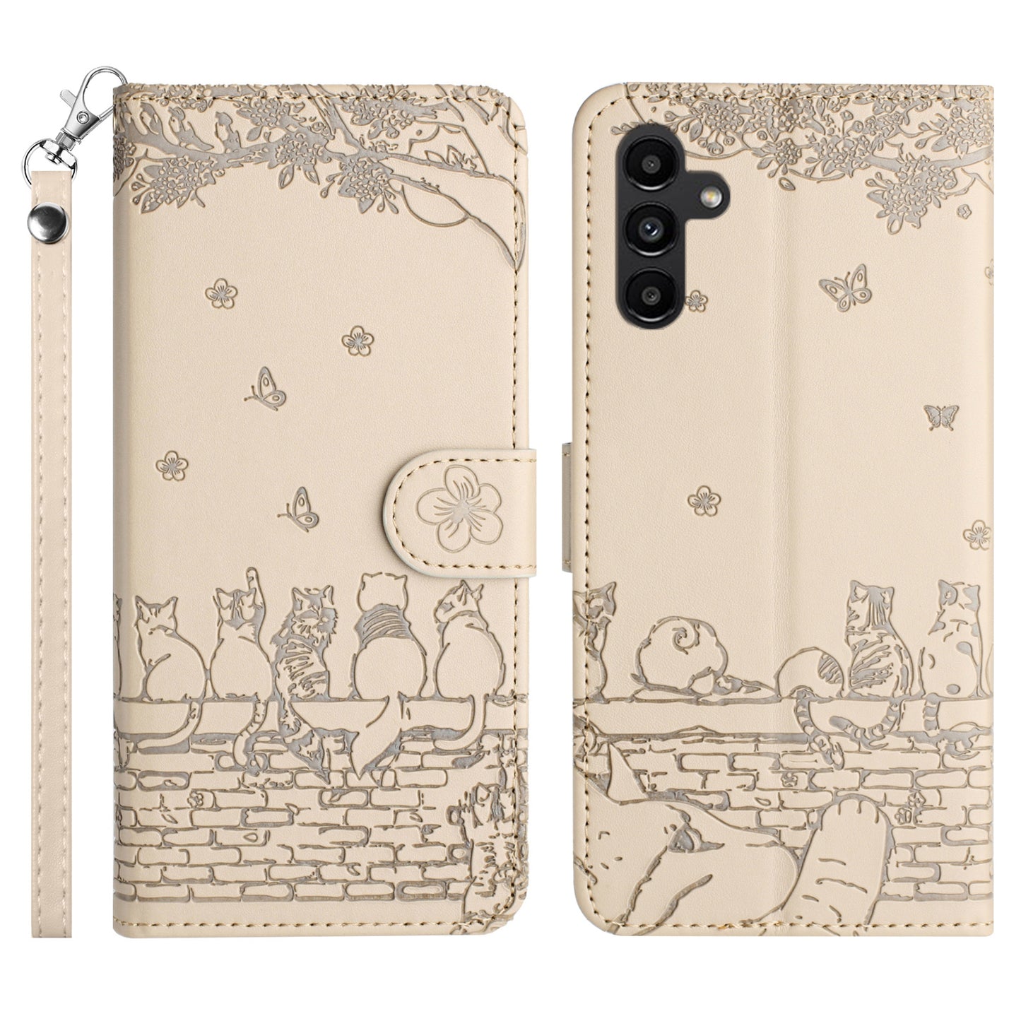 Stand Wallet PU Leather Cover for Samsung Galaxy A34 5G , Wall Cats Imprinted Phone Case with Strap - Apricot