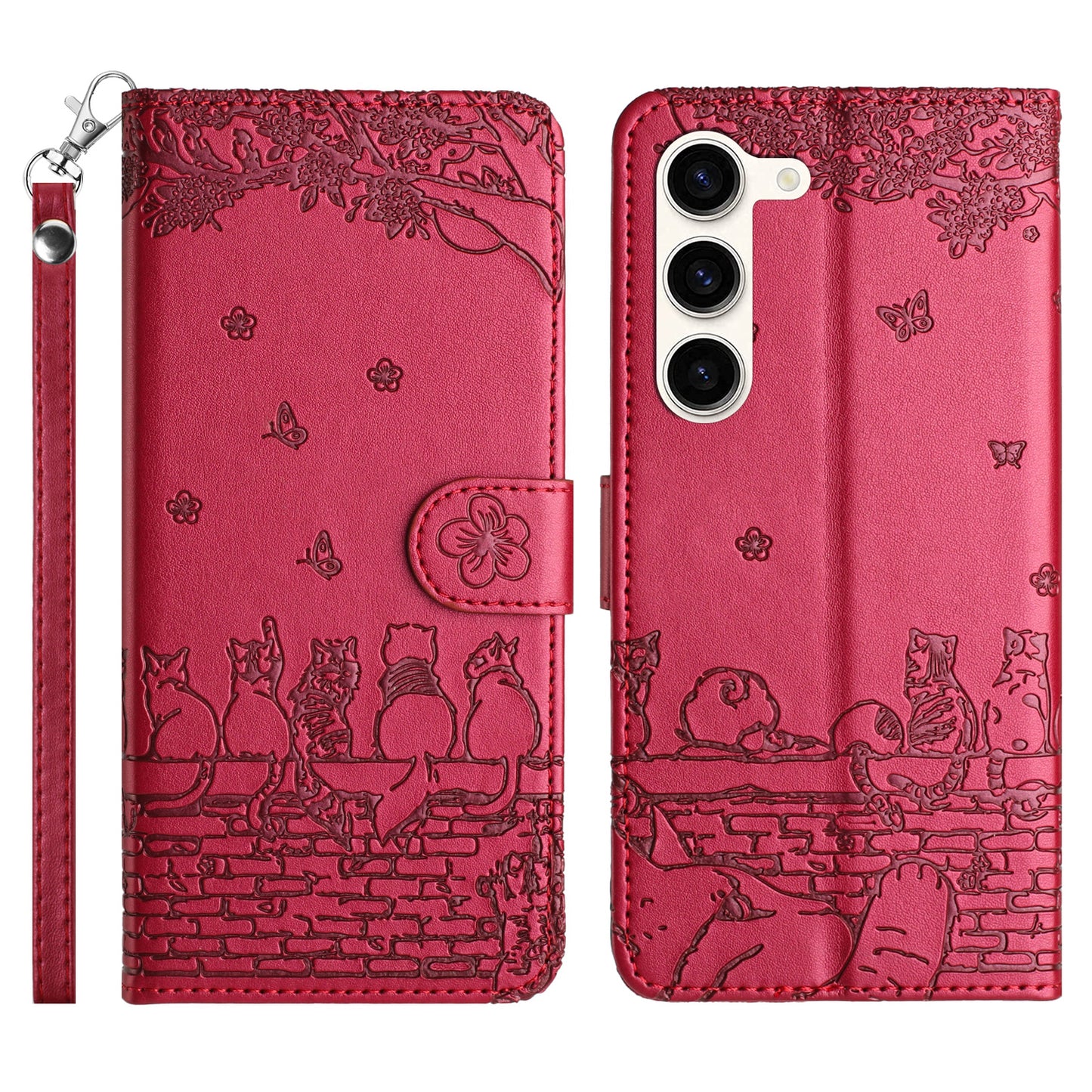 PU Leather Stand Case for Samsung Galaxy S23+ , Wall Cats Imprinted Phone Wallet Cover with Strap - Red