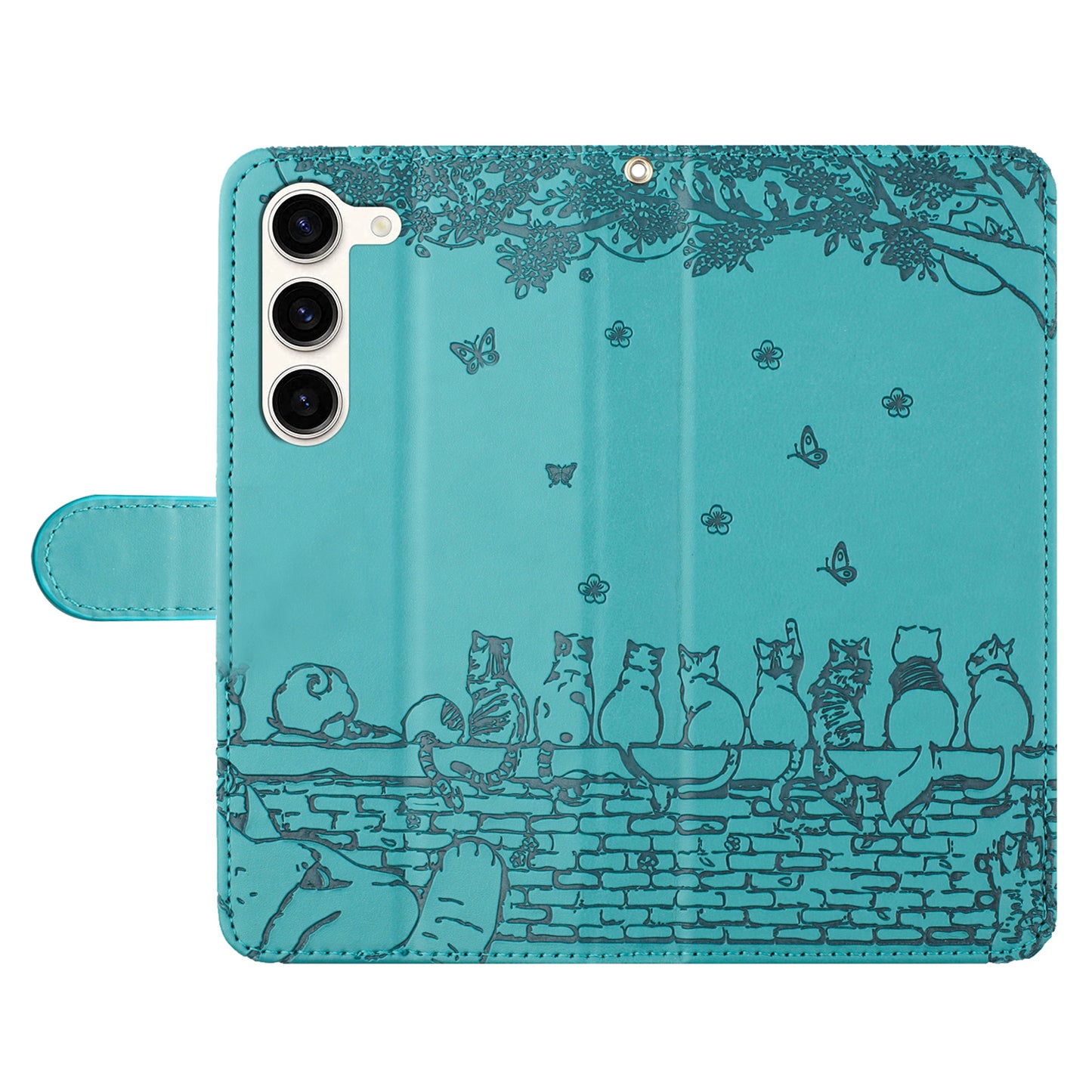 PU Leather Stand Case for Samsung Galaxy S23+ , Wall Cats Imprinted Phone Wallet Cover with Strap - Blue