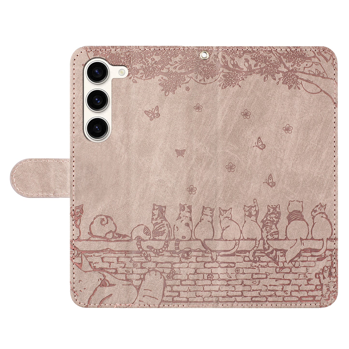 PU Leather Stand Case for Samsung Galaxy S23+ , Wall Cats Imprinted Phone Wallet Cover with Strap - Smoky Purple