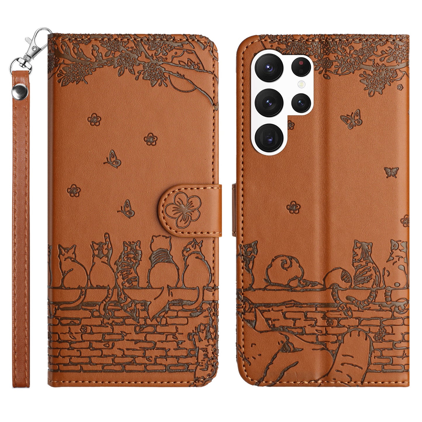 Wall Cats Imprinted Phone Case for Samsung Galaxy S23 Ultra , PU Leather Stand Wallet Cover with Strap - Brown
