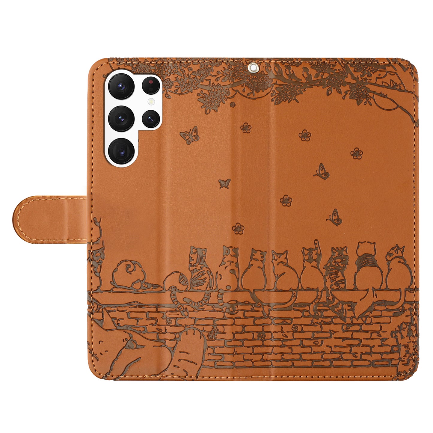 Wall Cats Imprinted Phone Case for Samsung Galaxy S23 Ultra , PU Leather Stand Wallet Cover with Strap - Brown
