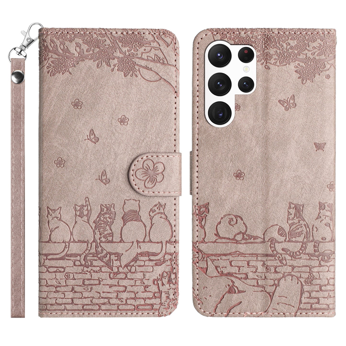 Wall Cats Imprinted Phone Case for Samsung Galaxy S23 Ultra , PU Leather Stand Wallet Cover with Strap - Smoky Purple