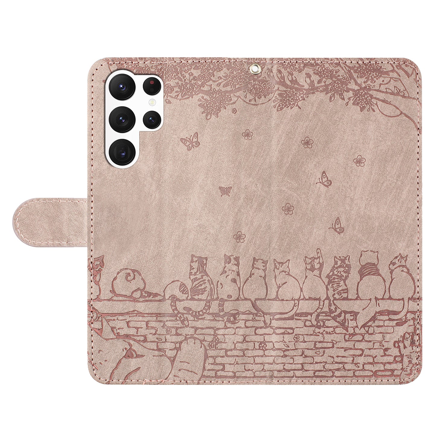 Wall Cats Imprinted Phone Case for Samsung Galaxy S23 Ultra , PU Leather Stand Wallet Cover with Strap - Smoky Purple