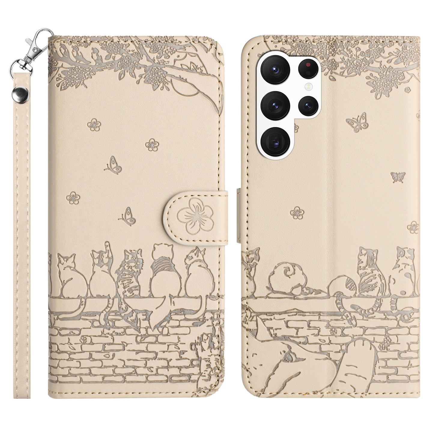 Wall Cats Imprinted Phone Case for Samsung Galaxy S23 Ultra , PU Leather Stand Wallet Cover with Strap - Apricot