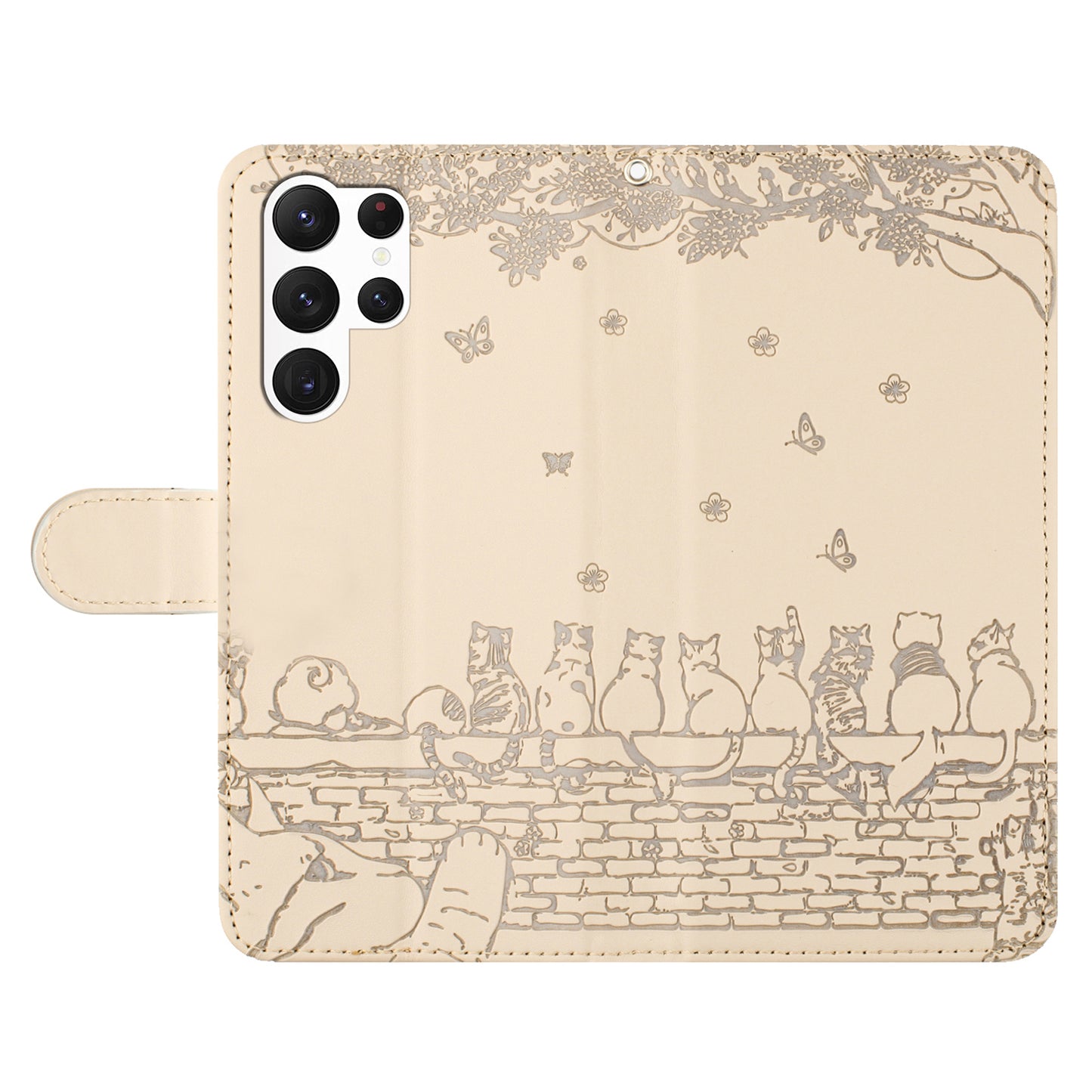 Wall Cats Imprinted Phone Case for Samsung Galaxy S23 Ultra , PU Leather Stand Wallet Cover with Strap - Apricot