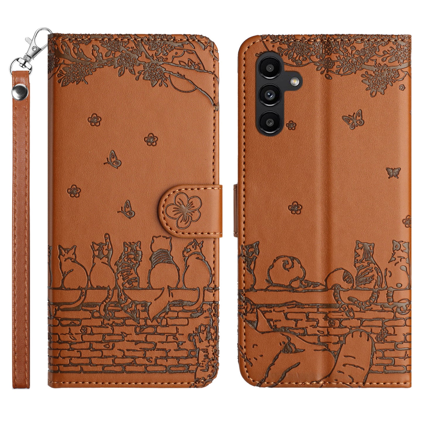 Stand Wallet Phone Leather Cover for Samsung Galaxy A54 5G , Imprinted Wall Cats Phone Case with Strap - Brown