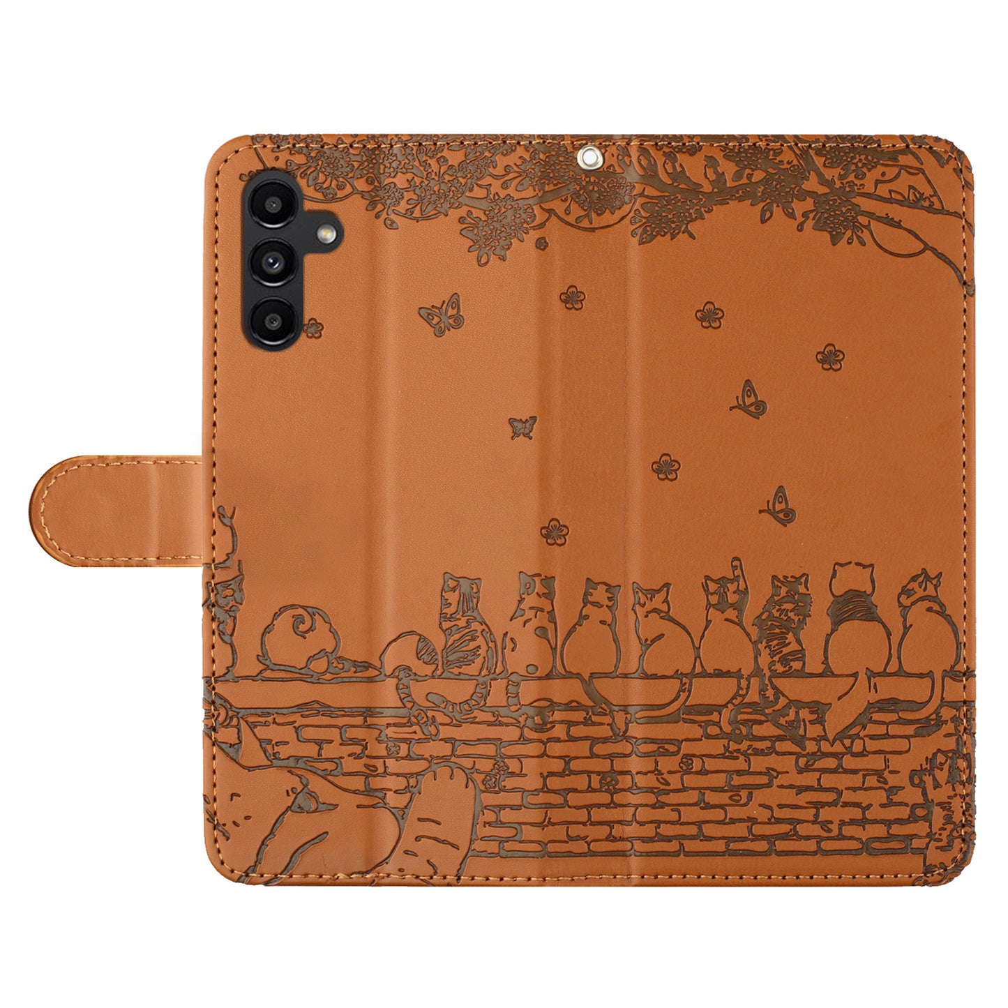 Stand Wallet Phone Leather Cover for Samsung Galaxy A54 5G , Imprinted Wall Cats Phone Case with Strap - Brown