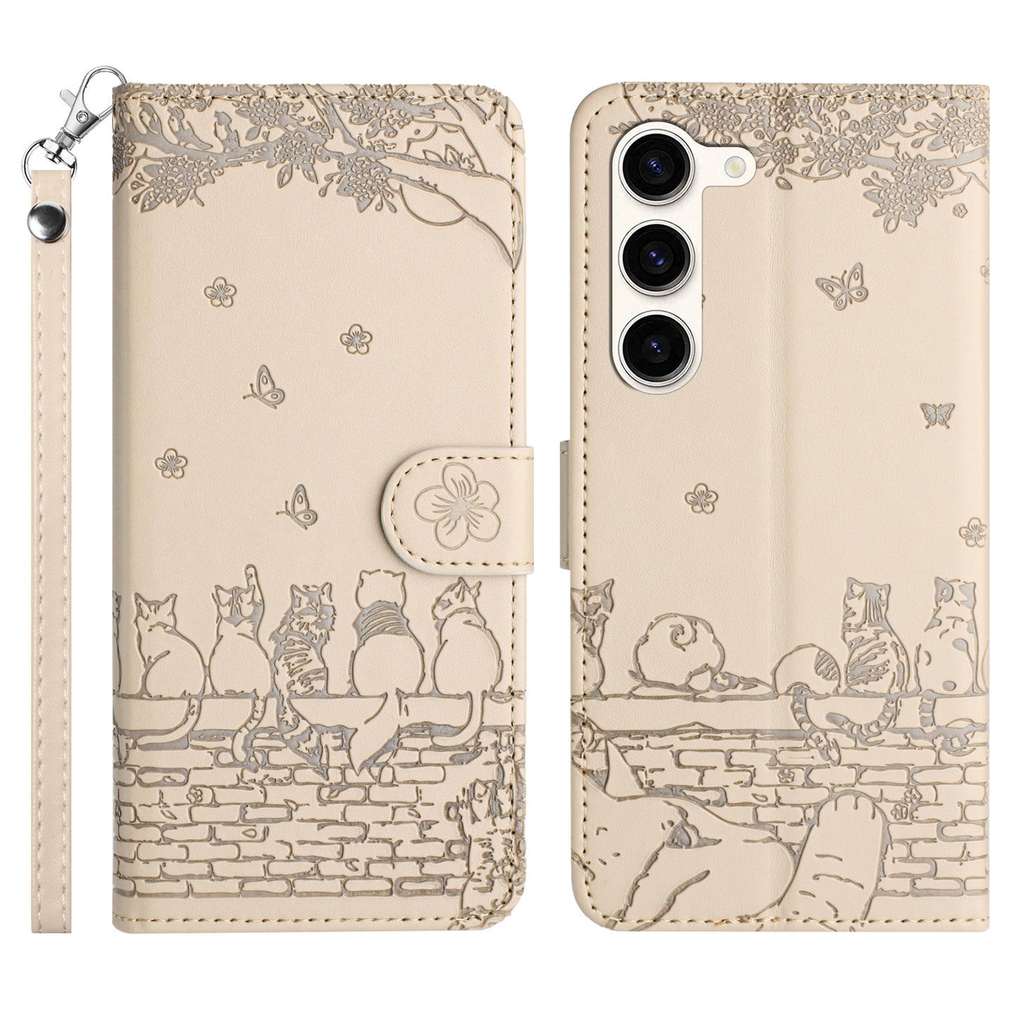 Phone Leather Cover for Samsung Galaxy S23 , Stand Wallet Imprinted Wall Cats Case with Strap - Apricot