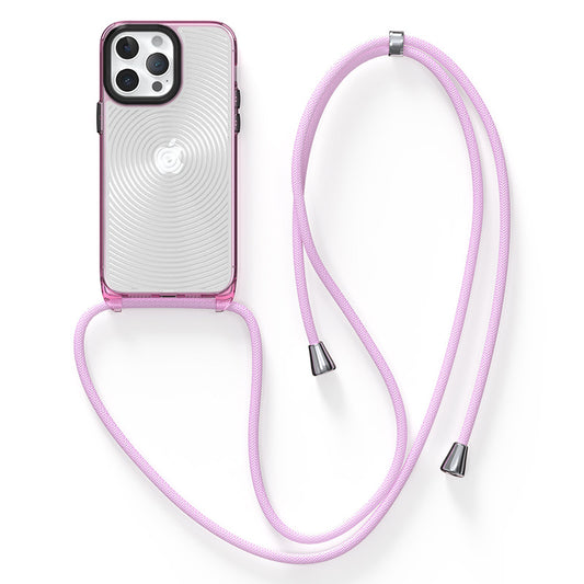 Soft TPU + Hard PC Case for iPhone 14 Pro Clear Slim Case 3D Textured Phone Cover with Lanyard - Pink / Circles