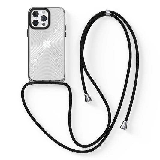 Soft TPU + Hard PC Case for iPhone 14 Pro Clear Slim Case 3D Textured Phone Cover with Lanyard - Black / Circles