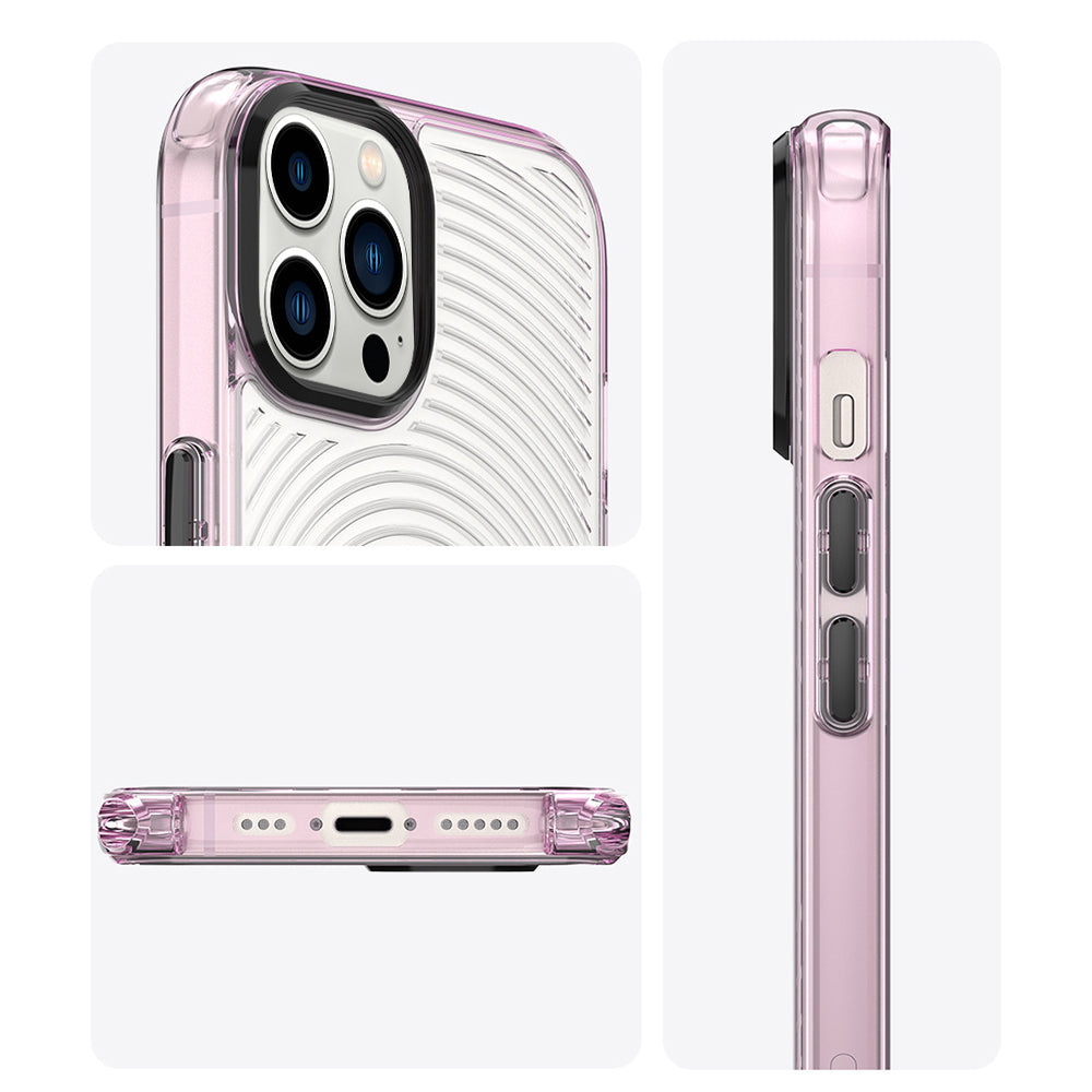 Soft TPU + Hard PC Case for iPhone 14 Pro Clear Slim Case 3D Textured Phone Cover with Lanyard - Black / Circles