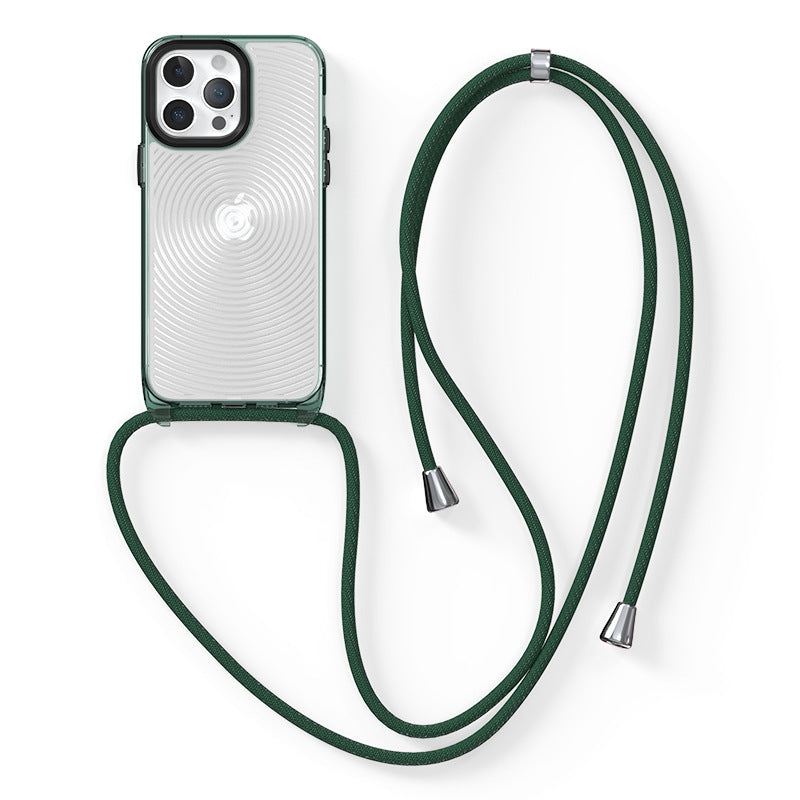 Soft TPU + Hard PC Case for iPhone 14 Pro Clear Slim Case 3D Textured Phone Cover with Lanyard - Green / Circles