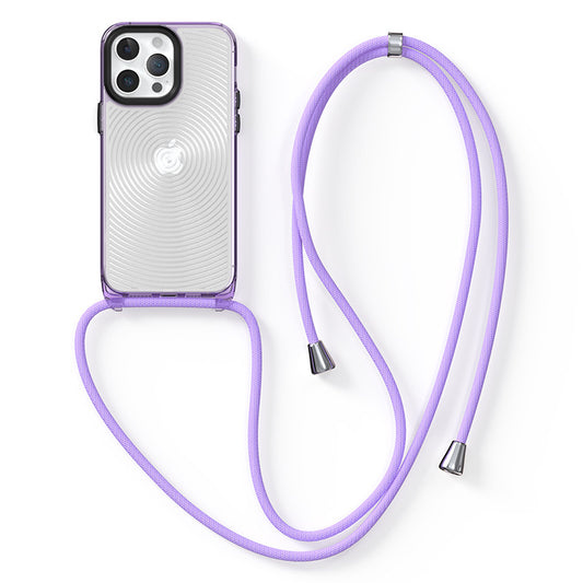 Soft TPU + Hard PC Case for iPhone 14 Pro Clear Slim Case 3D Textured Phone Cover with Lanyard - Purple / Circles