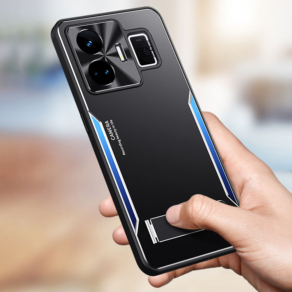 Uniqkart for Realme GT Neo 5 5G Dustproof Cell Phone Shell TPU+Aluminium Alloy Cover Kickstand Phone Case - Blue