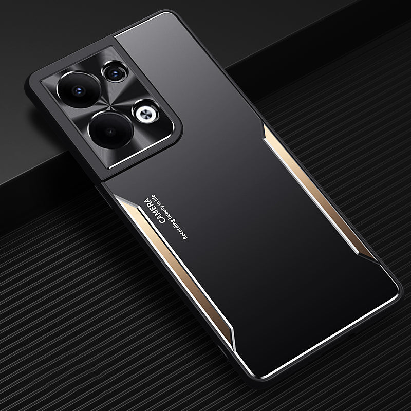 Uniqkart for Oppo Reno9 Pro+ 5G Drop Protection Aluminum Alloy + TPU Phone Cover Slim-fit Mobile Phone Case - Gold