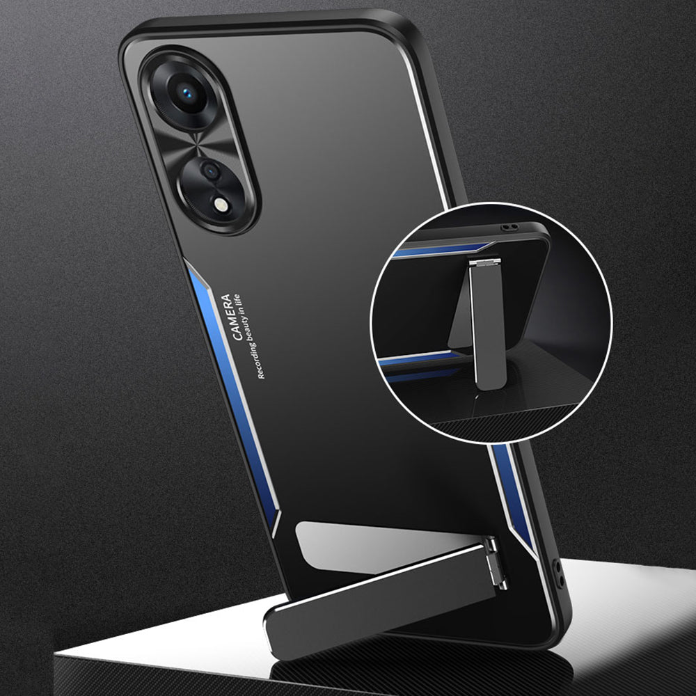 Uniqkart for Oppo A58 5G Kickstand Phone Case Aluminum Alloy Soft TPU Lens Protection Cover - Blue