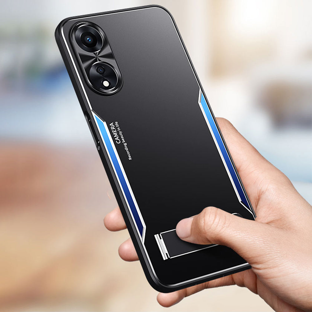 Uniqkart for Oppo A58 5G Kickstand Phone Case Aluminum Alloy Soft TPU Lens Protection Cover - Blue
