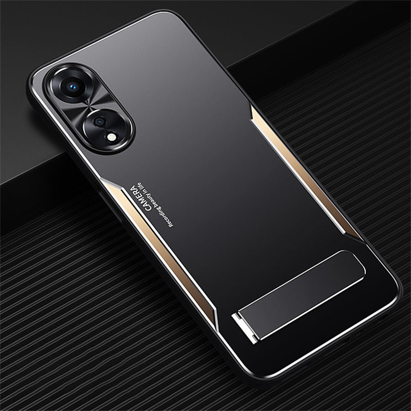 Uniqkart for Oppo A58 5G Kickstand Phone Case Aluminum Alloy Soft TPU Lens Protection Cover - Gold