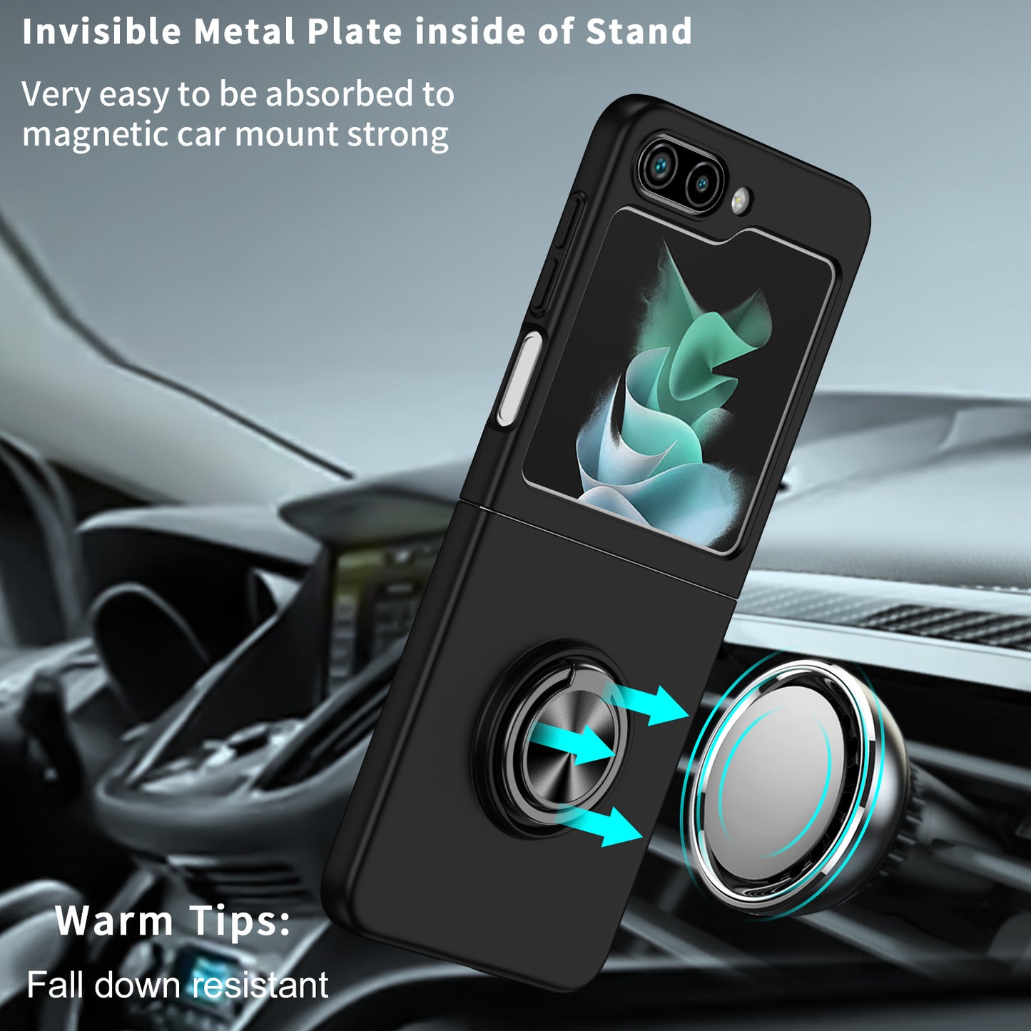 Uniqkart for Samsung Galaxy Z Flip5 5G Hard PC Phone Case Ring Kickstand Cover Support Magnetic Car Mount - Black