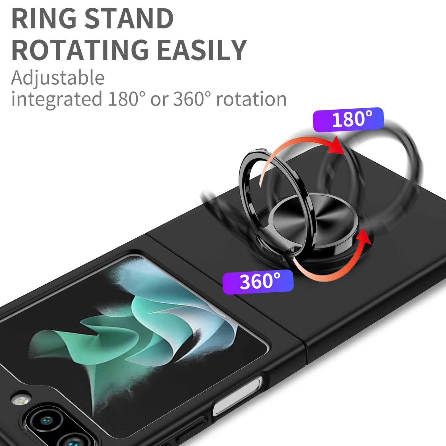 Uniqkart for Samsung Galaxy Z Flip5 5G Hard PC Phone Case Ring Kickstand Cover Support Magnetic Car Mount - Black