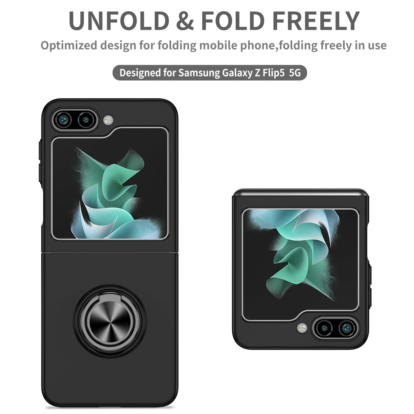 Uniqkart for Samsung Galaxy Z Flip5 5G Hard PC Phone Case Ring Kickstand Cover Support Magnetic Car Mount - Black